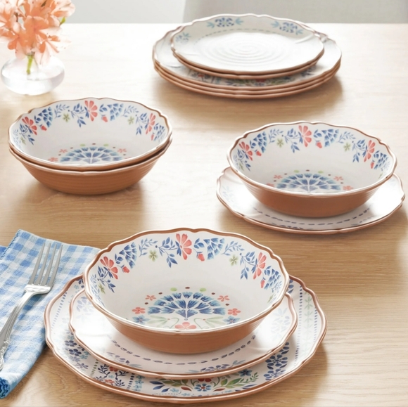 💕New 2025 Hattie The Pioneer Woman Bamboo Melamine Dinnerware Set